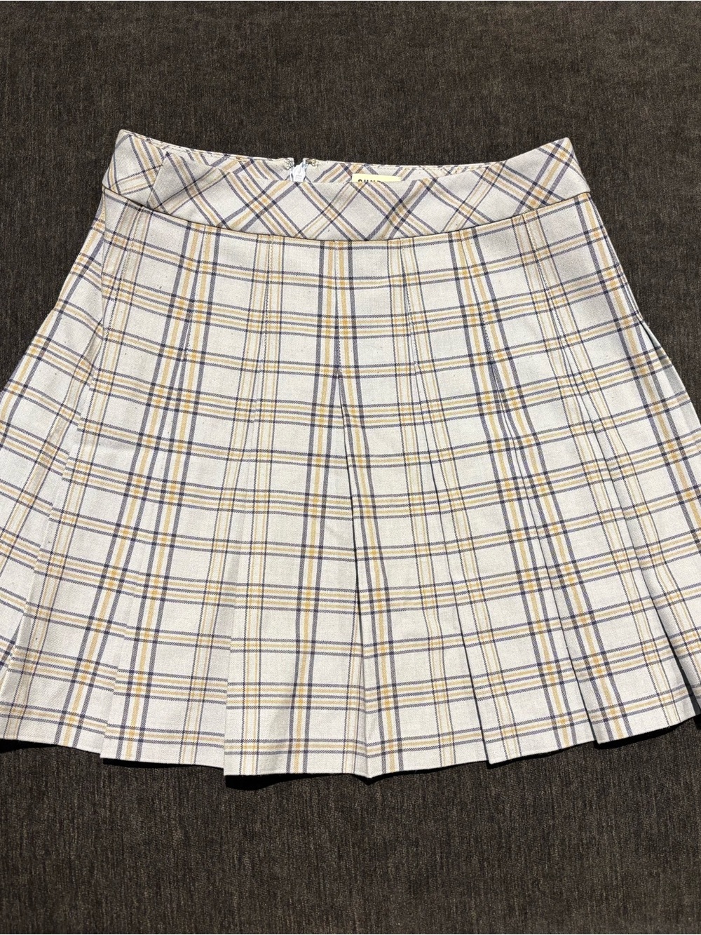 Aritzia Sunday Best Light blue Plaid Pleated Skirt with Navy and Tan Stripes